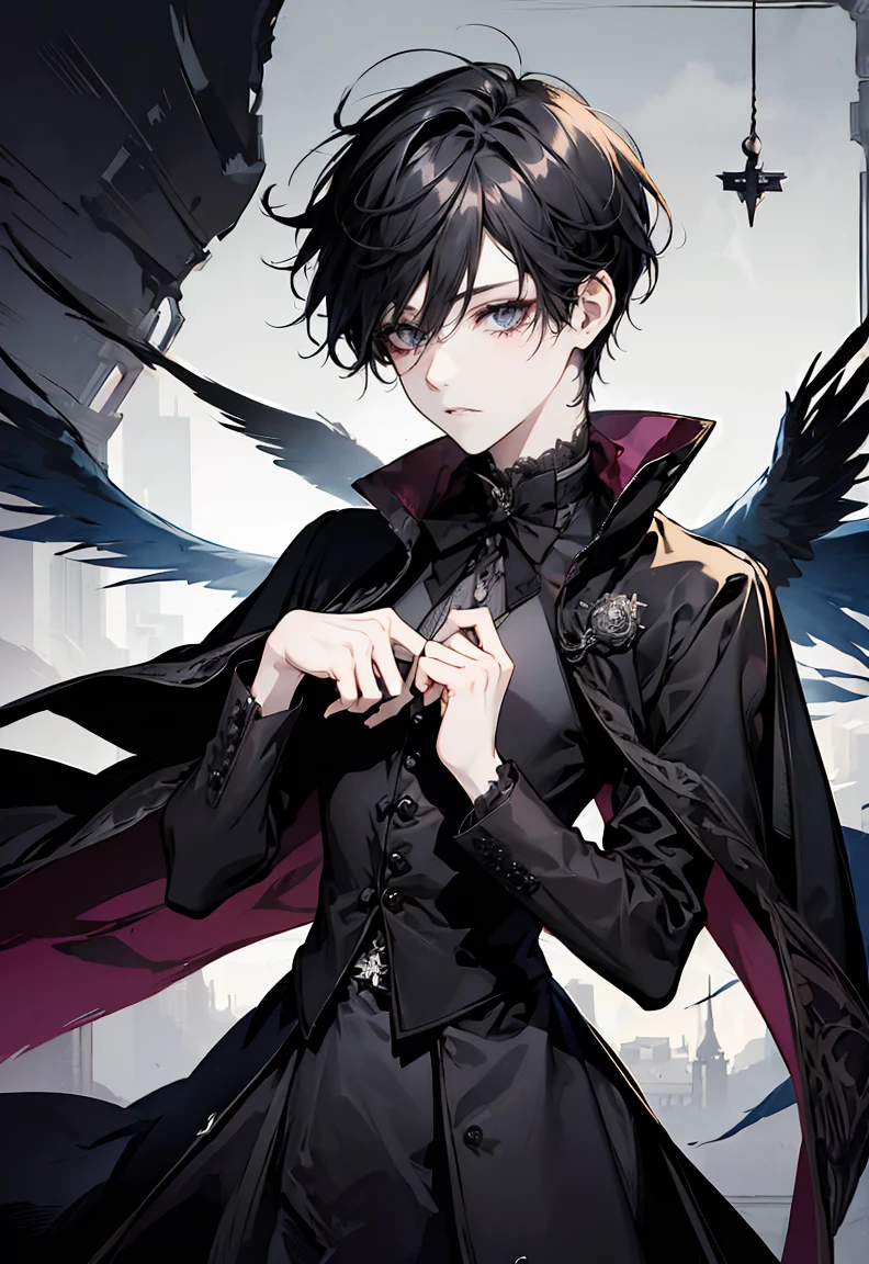 One male character, adult male, bishonen, handsome, goth, pale skin, black hair, victorian black clothes, jewlery with crosses and goth themes, mysterious vibe, soft smile, graceful pose, elegant