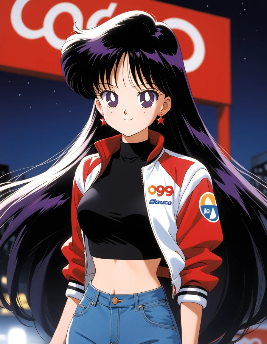 aamars, very long hair, black hair, parted bangs, purple eyes, 1990s \(style\), 1 girl, solo, Best quality, masterpiece, High Definition,Blue Racing Jacket, Teku Logo,  Black Crop-Top, Midriff, Smile, Night, Jeans