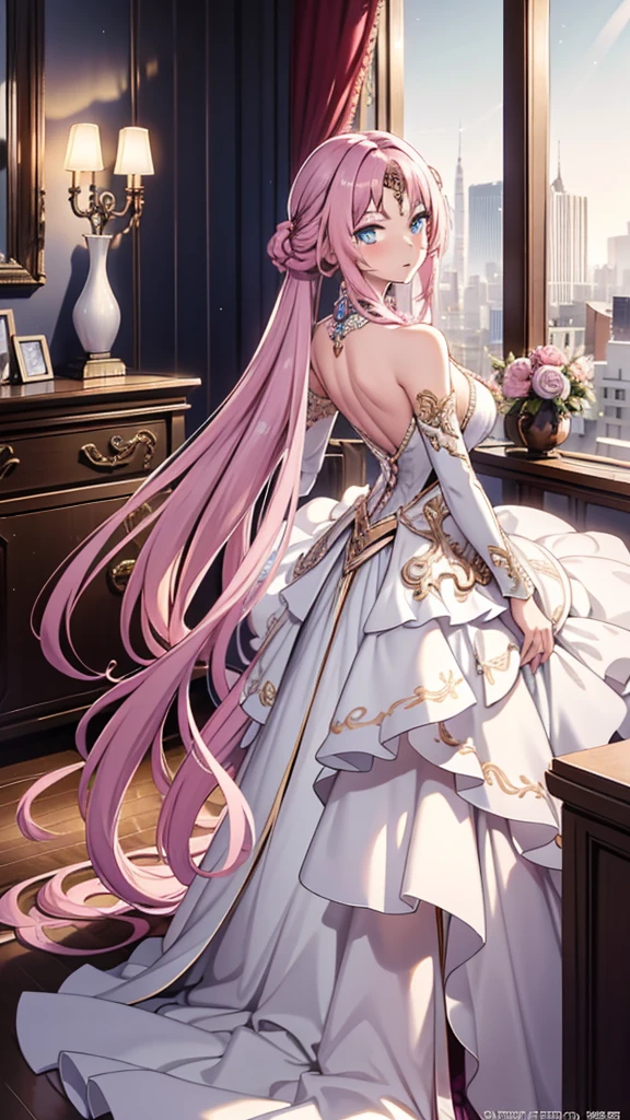 Wear a modern transparent dress that is elegant and noble，Intricately Designed Outfit，Beautifully dressed，Pink Long Wavy Hair，Modern Goddess，Light blue eyes，Sophisticated Modern Clothing，Looking back，tattoo back，night，She appeared in a bedroom of a luxury hotel，Seductive pose，8K，high resolution