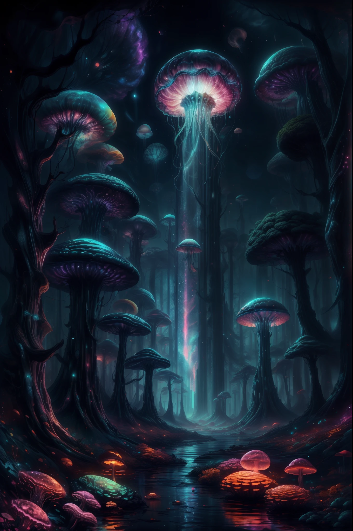 jellyfish swimming in a pine forest with magic mushrooms, starry sky and nebulae, digital art, psychedelic theme, vivid colors, saturated colors