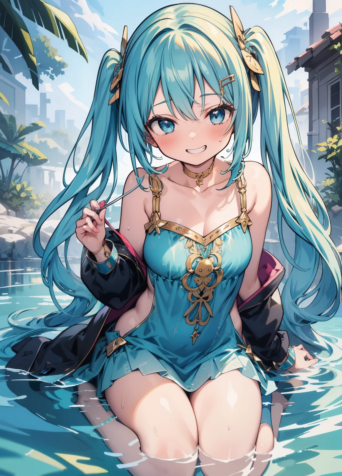 Hyperphotorealistic, cuteness pop lascivious style, colorful melty lime costume lewd melty slime, ahegao , super lewd melty slime, wide spread legs, sunny beach in heaven, super detail