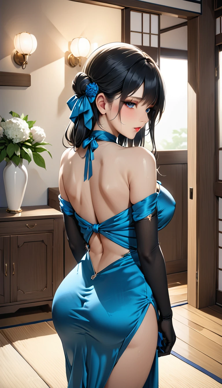 (masterpiece,Best Quality,Ultra-high resolution),indoor,One Japanese woman,Attractive look, Her beautiful long straight black hair is tied up with a large ribbon,(((Very beautiful 20 year old))),Big Breasts,((Long satin dress)),(Tight fit),Satin Opera Gloves、Satin has a very strong luster、Looking back with his back to me、((前屈みになって壁に両手をついてStanding with your butt sticking out:1.5))、Standing with your butt sticking out、Crouching posture、Big Ass