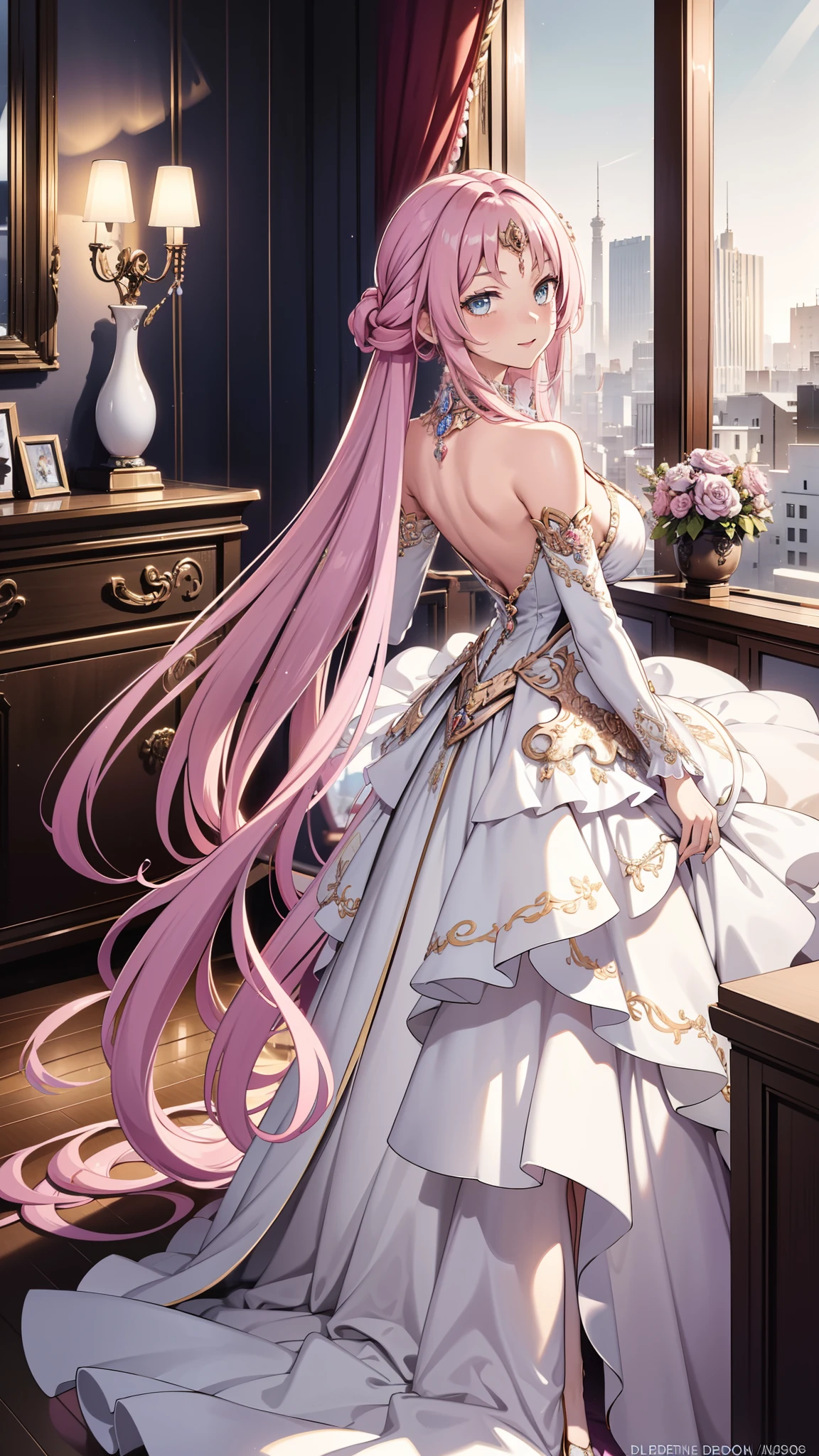 Wear a modern transparent dress that is elegant and noble，Intricately Designed Outfit，Beautifully dressed，Pink Long Wavy Hair，Modern Goddess，Light blue eyes，Sophisticated Modern Clothing，Looking back，tattoo back，night，She appeared in a bedroom of a luxury hotel，Seductive pose，8K，high resolution