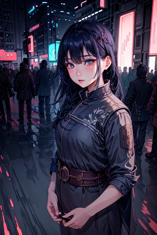 a korean  girl gazing at the illuminated city in the background, beautiful detailed eyes, beautiful detailed lips, extremely detailed eyes and face, long eyelashes, beautiful young woman, cinematic lighting, moody atmosphere, dramatic lighting, muted color palette, vibrant pastel colors, detailed cityscape, futuristic architecture, neon lights, reflection in water, dramatic clouds, dramatic lighting, oil painting style, photorealistic, 8k, best quality, masterpiece, ultra-detailed