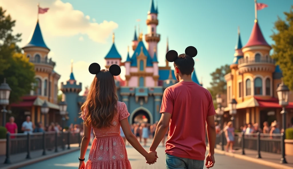 Realistic, Image of a man and woman couple、Disneyland in the background、Angle from the back、Neon lights are beautiful、Arms crossed、Stylish clothing、Men have the characters written on the back of their clothes in fluorescent colors.、For women, fluorescent colors on the back of their clothesAContains the characters、Dressed like British punk rock、Make the text on the back stand out、(((((Man and woman couple)))))