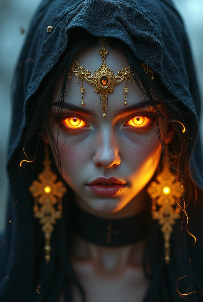 a young girl with glowing demonic eyes,  small breast, detailed face, ((nude)) , wearing a pentagram headpiece, horns, priestess of the occult, dark fantasy, cinematic lighting, dramatic shadows, rich colors, intricate details, highly detailed, digital painting, artstation, concept art, hyper realistic