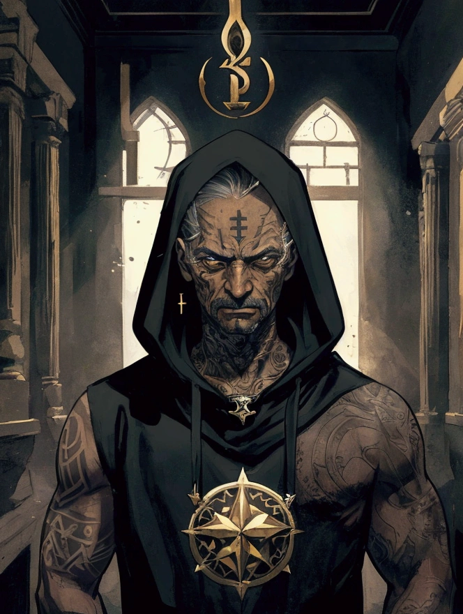 The monster Tarot card of the high priest is dark and scary, the painting is very simple with the help of rapid and watercolor, the black background is worked with white and purple colors, the concept of secrets, the mystery of intuition, trust yourself.