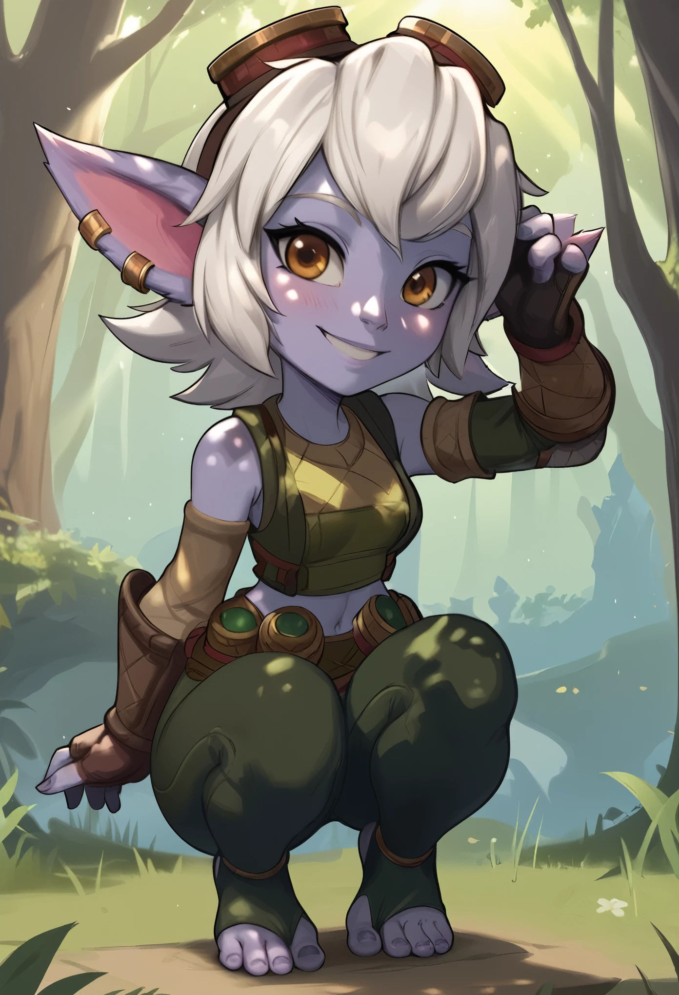 [tristana], [LOL], ((masterpiece)), ((HD)), ((high res)), ((beautiful render art)), ((solo portrait)), ((full body)), ((front view)), ((feet visible)), ((detailed shading)), {(attractive), (short), yordle, (purple skin), (elf ears), (short white hair), (cute brown eyes), (detailed iris), (short eyelashes), (curvy hips), (detailed abs), (thick thighs), (detailed legs), (beautiful legs), (beautiful feet), (humanoid feet), (cute smile), (excited expression)}, {(green sleeveless shirt), (navel), (green pants), (brown belt), (utility belt), (brown gauntlets), (fingerless gloves), (toeless socks), (goggles on head)}, {(squatting), (hand in hair), (looking at viewer)}, [background; (forest), (blue sky), (sun rays), (ambient lighting)], perfect toes, perfect feet,