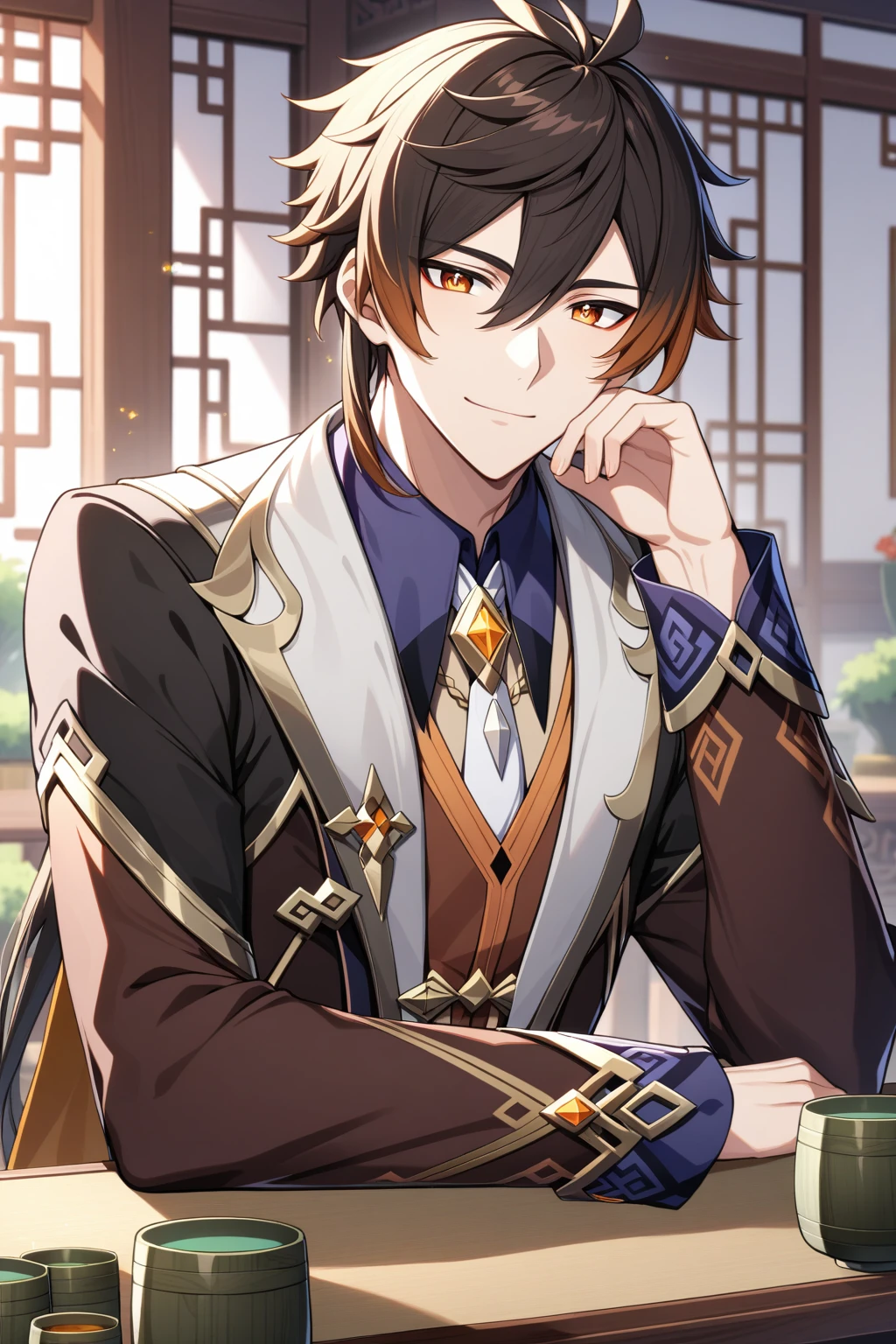 masterpiece, anime, 1boy, 1male, mature male, male focus, solo, Zhongli, Genshin_impact, beautiful and detailed eyes, clear eyes, warm smiling, looking at you, long sleeves, having tea in yunomi, sitting at table, Chinese room,