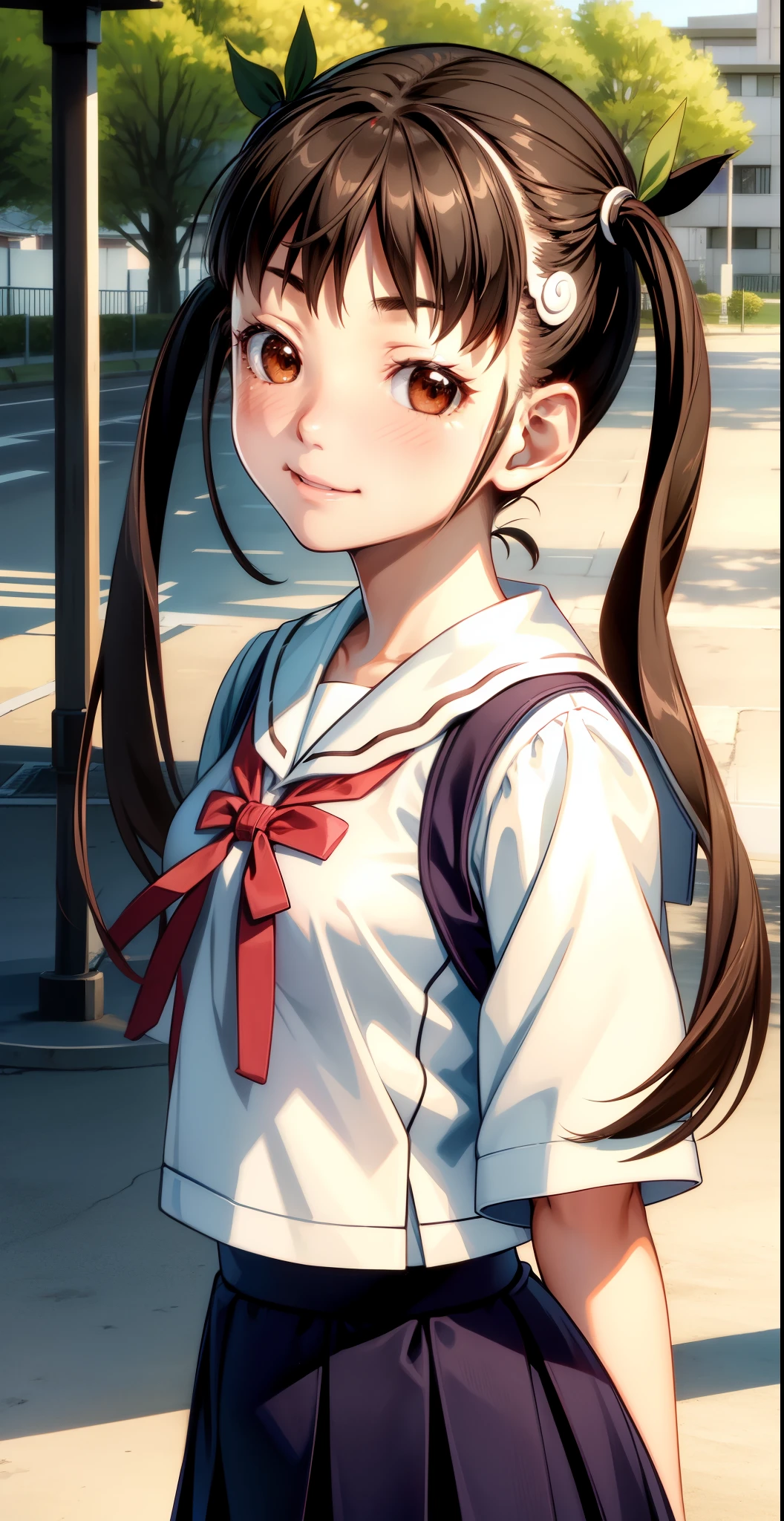 high resolution, HD, best quality, extremely detailed, masterpiece (best quality), 1 girl, Mayoi, brown hair, long hair (Pigtails), (adolescent), (Japanese female uniform), ((sailor school uniform)), white shirt, skirt, (medium breasts), Lean body, smile, (Blush), natural lighting, RTX, beautiful (detailed face: 1.2), display case (perfect eyes: 1.1), 8K UHD, looking at the viewer, (schoolyard), sunny day