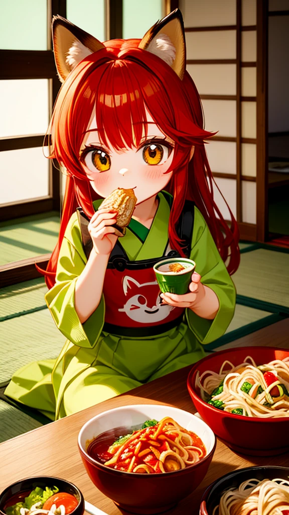 A red-haired girl dressed as a fox is eating soba noodles.,A green raccoon-like girl is eating udon noodles,Retro interior from the Showa era,tatami