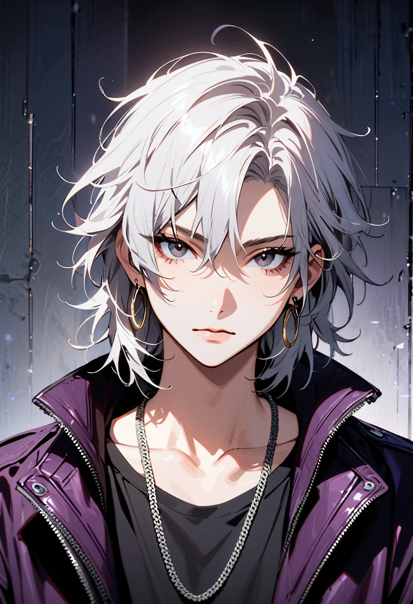 (masterpiece, best quality:1.3), A man, 19-years-old, solo, Caucasian, medium disheveled messy tousled white hair, soft masculine face, black eyes with long eyelashes, black shirt, dark purple leather jacket with high collar, large silver chain necklace, small silver hoop earrings, titanium wall, looking straight at viewer, portrait, cool lighting, no background