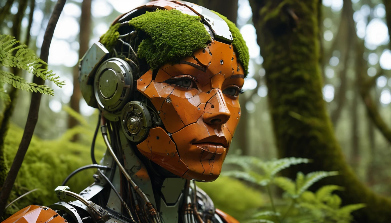 A worn cyborg stands amidst overgrown vegetation, its rickety limbs and facial features on full display. A wide-angle shot captures the intricate details of each component, with moss and rust covering some parts as if they've been sanded smooth. Electronic circuitry glows between the mechanical pieces. Faceted clay/porcelain skin erodes from a low-poly surface, every facet shining like a diamond amidst cracks and rust.