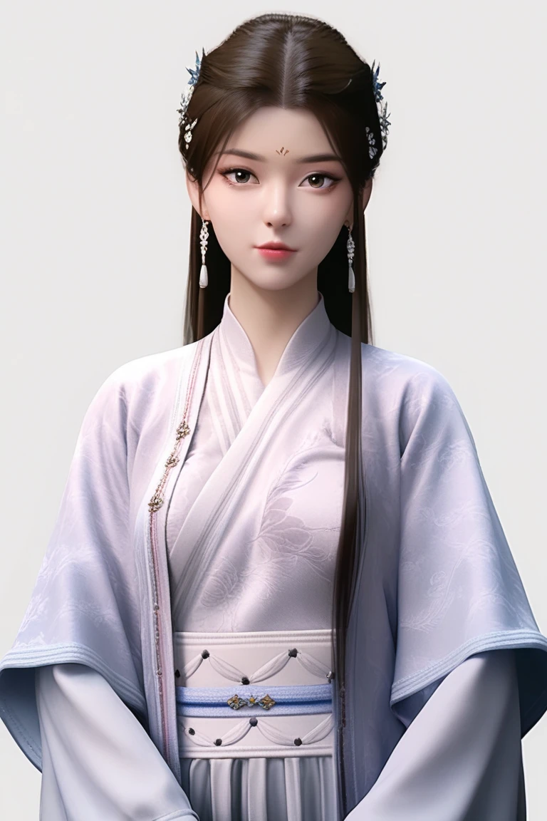 score_9,score_8_up,score_7_up, highly detailed digital, realistic, 1girl, solo, jewelry, chinese clothes, long sleeves, hanfu, dress, simple background, white background, (upper body:1.2), standing, looking at viewer,