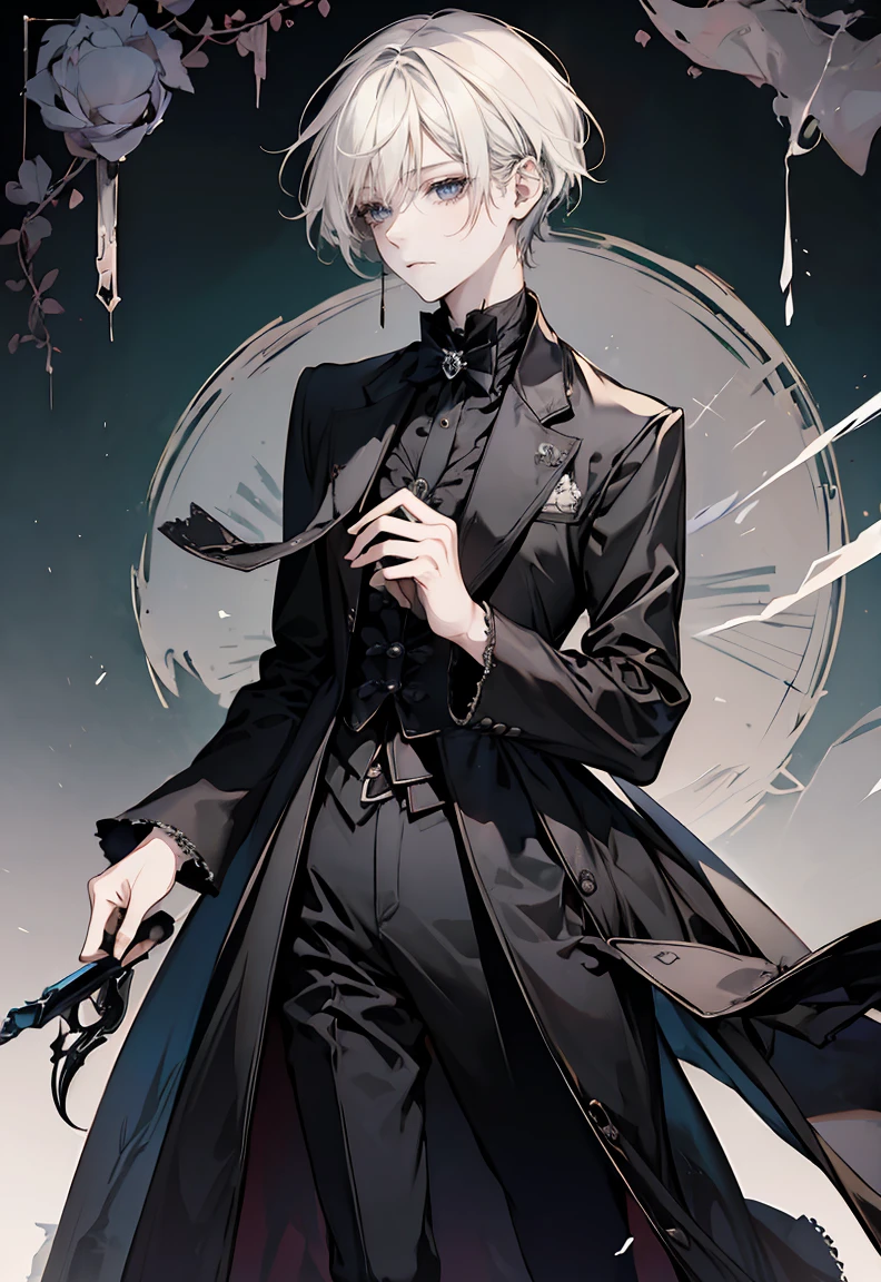 One male character, adult male, bishonen, handsome, goth, pale skin, black hair, victorian black clothes, jewlery with crosses and goth themes, mysterious vibe, soft smile, graceful pose, elegant