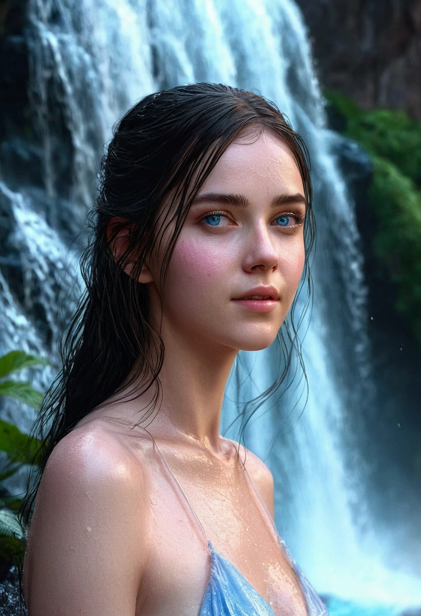 A very beautiful girl bathes happily next to a clear and cool waterfall. pink skin, blue eyes, dark hair, detailed face, detailed body, realistic model, very detailed natural landscape, CGI, 8K resolution