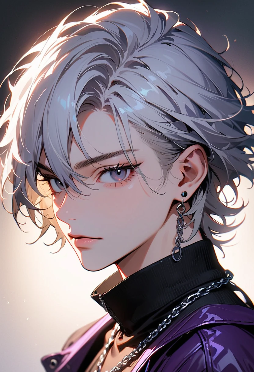 (masterpiece, best quality:1.3), A man, 19-years-old, solo, Caucasian, medium disheveled messy tousled white hair, soft masculine face, black eyes with long eyelashes, black shirt, dark purple leather jacket with high collar, large silver chain necklace, small black earring studs, looking straight at viewer, portrait, cool lighting, no background