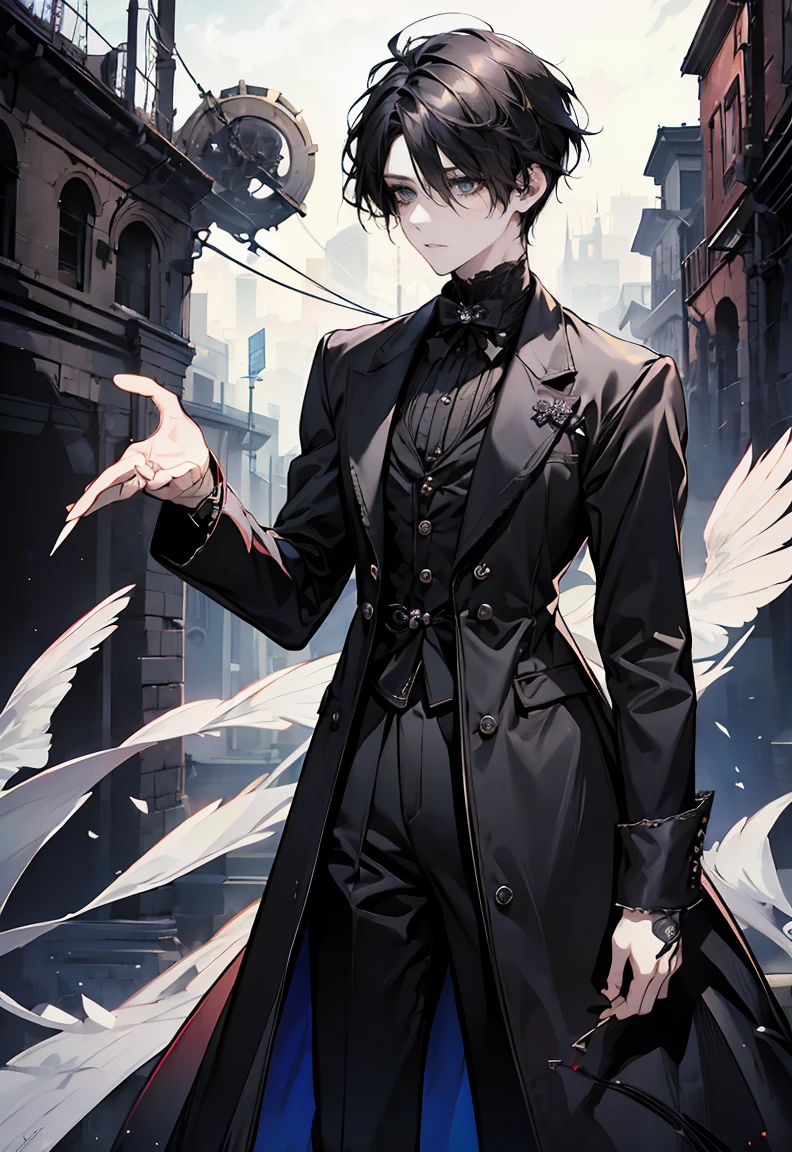 One male character, adult male, bishonen, handsome, goth, pale skin, black hair, victorian black clothes, jewlery with crosses and goth themes, mysterious vibe, soft smile, graceful pose, elegant, urban background