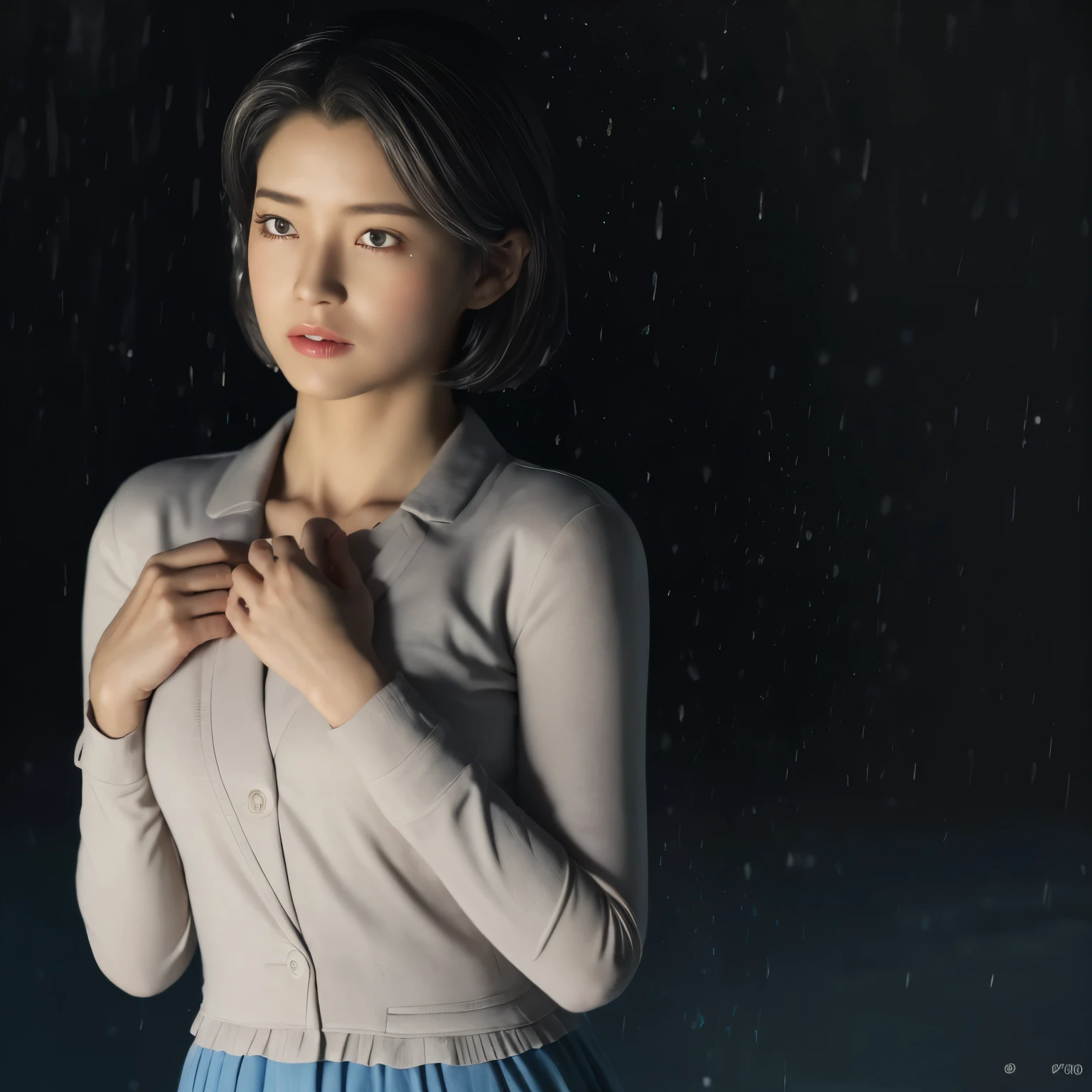 ((highest quality, 8k, masterpiece:1.3)), concentrate:1.2, Perfect body beauty:1.4, Hips:1.2, ((Layered Haircut, chest:1.2)), (Wet clothes:1.2) , (rain, Seaside:1.3), Bandeau dress: 1.1, Highly detailed face and skin texture, Beautiful Eyes, double eyelid, White skin, Long Hair, (shut up: 1.3), Tatsuyase