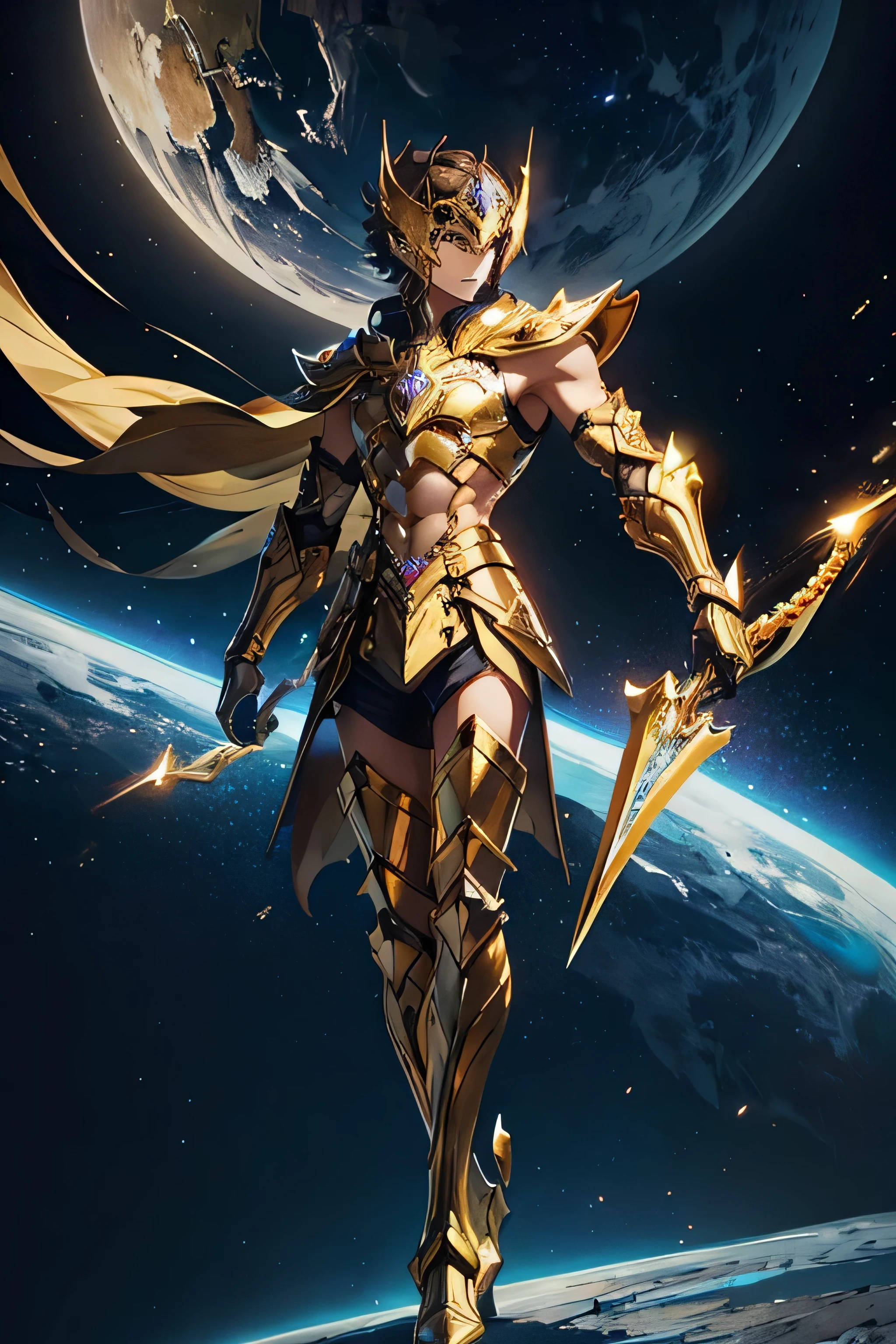 It's a man. The image presents a highly detailed and futuristic armor designed for a male warrior. The armor combines elements from different parts to create a cohesive and powerful look. Helmet: The helmet features a sleek, aerodynamic design with a golden metallic finish. It has a central crest that rises upwards, and the visor glows with a bright blue light, giving it a high-tech, futuristic appearance. Chest Plate and Upper Extension: The chest plate is intricately segmented, with a combination of gold and dark metallic blue. It has a gem-like crystal in the center that emits a soft, mystical glow. The design is both protective and regal, with sharp, angular lines that add to the overall futuristic aesthetic. The chest plate extends upward into the shoulder region, creating a seamless, angular protection that covers the shoulders. This extension forms a cohesive, powerful transition from chest to shoulders, giving the armor a unified appearance without visible separation. Arm Guards: The arm guards are sleek and streamlined, with articulated golden and purple segments that offer flexibility and protection. Their design blends futuristic elements with classic elegance. Leg Armor: The legs are armored with segmented plates, primarily gold and purple. The boots are angular and sturdy, designed for strength and agility. The overall look of the leg armor is grounded yet sleek, completing the ensemble with a powerful stance. High Collar: The armor features a high collar that rises from the back and sides of the neck, tightly encircling the throat. This collar is seamlessly connected to the chest and upper extension, enhancing both the protective and aesthetic qualities of the armor. Background: The image is set against a dark cosmic backdrop, filled with distant stars and nebulae, reflecting off the polished surfaces of the armor. Dynamic lighting emphasizes key features like the glowing visor and chest gem, reinforcing the warrior's imposing, mystical presence.
