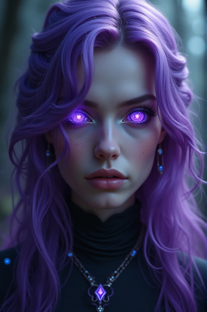 A woman with purple hair, purple eyes, and six-pointed star-shaped eyes.