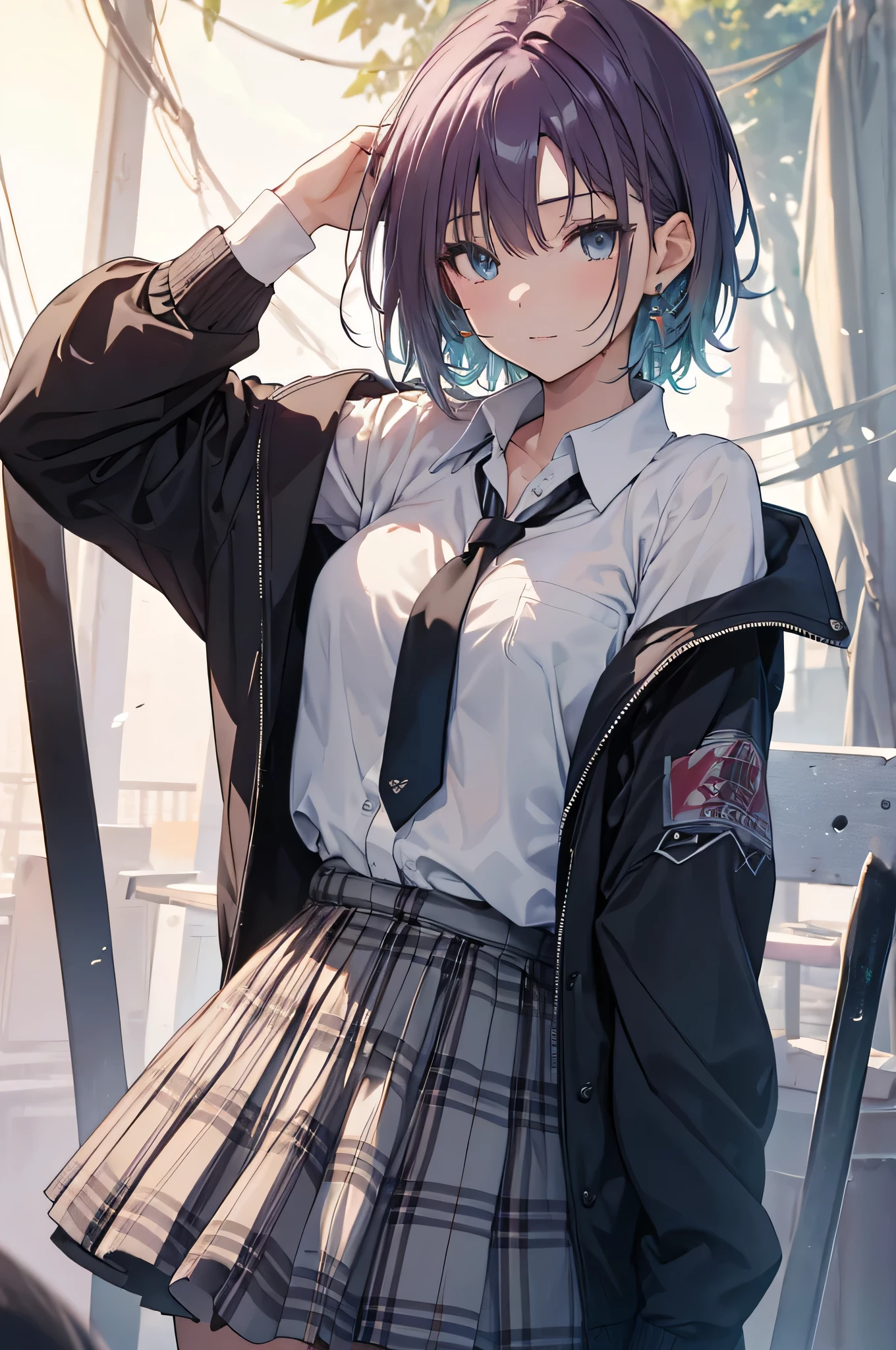 (masterpiece:1.2), (Highest quality:1.2), Ultra-high resolution, Very detailed, Perfect Eyes, Perfect Face, Perfect lighting,((Seated anime)), Headrest, Surreal Girl, (1 person,Hata,boyish, , :1.3),((alone:1.3)), , The charm of androgyny, (Very short hair), ((Black Hair)), Messy Hair, small and soft breasts,Slender body, Small Ass, Small green eyes,Fine and beautiful eyes, Well-proportioned iris and pupil, Expressive eyes, Beautiful and detailed lips, High resolution detailed hair, ((Black jacket:1.4)),(White shirt:1.4),((Check skirt)), light green socks, Brown Loafers, Student Bag, ultra high density skin, Portraiture, Gweiz-style artwork, Makoto Shinkai'Art Style, lofi Portraiture, Digital anime art, Makoto Shinkai style, LOFI Girl, Anime style illustrations, ロフィArt Style, Anime illustration,Brown Hair,Shortcuts,Messy Hair,Slender beauty,Beautiful feet