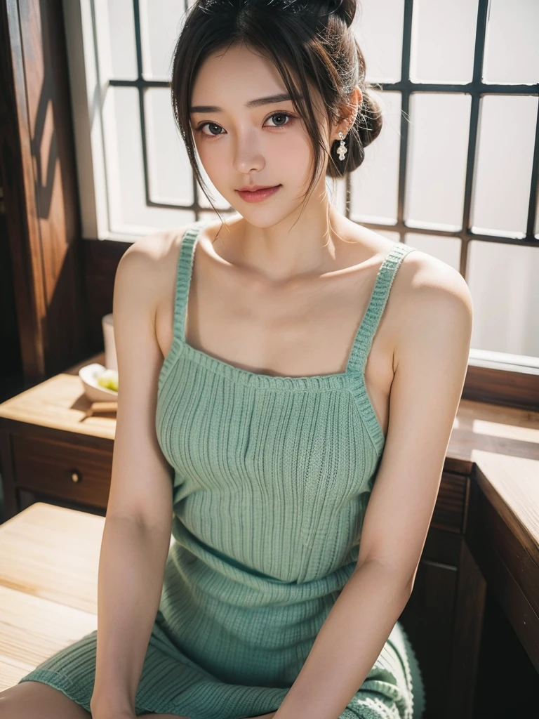 ((masterpiece))、((highest quality))、picture、Reality、high resolution、Advanced Depth of Field、Ultra-detailed、Realistic lighting、((Beauty Salon))、((green tank top))、((Bright interior))、((Washing the client's head))、((It's close so it's close、Right in front of you))、Unmarried women、20th Generation、Delicate facial features、short hair、Daffodils blooming background and accessories、Big ample breasts、valley、Plump body、Sexy smile、Serious look、