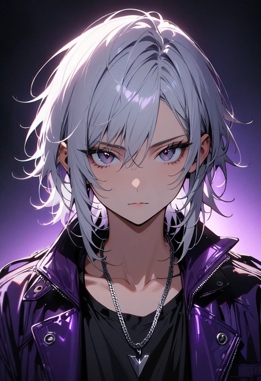 (masterpiece, best quality:1.3), A man, 19-years-old, solo, Caucasian, medium disheveled messy tousled white hair, soft masculine face, black eyes with long eyelashes, black shirt, dark purple leather jacket with high collar, large silver chain necklace, small black studs in ears, looking straight at viewer, portrait, cool lighting, no background