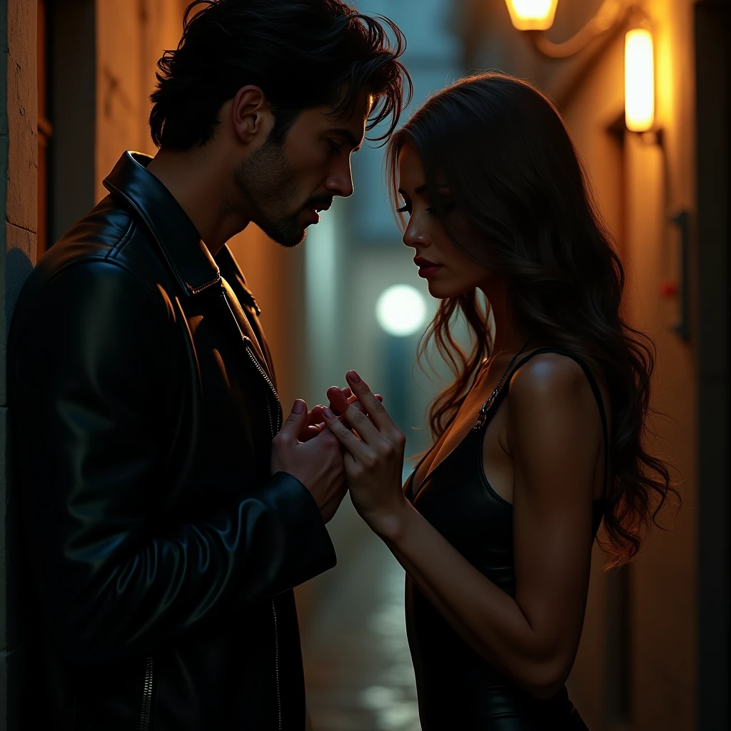 NSFW, (((Masterpiece, Best quality, photograph realistic))), (Shiny skin), hyper HD, 8K wallpaper, high resolution, Perfect anatomy, Slender hands and fingers, Cinematic lighting, Physically-based rendering, Award-winning, Extremely detailed skin, extra detailed face, Eyes with beautiful details, Carl Zeiss 85 mm F/1.4, Break, (((1 girl and 1 thin man, Having sex))), (Hug from the front:1.3), 2 girl, (Long dark blue hair, bangs, green eyes), huge tits, Buttock augmentation, A shy and nervous expression, Ruddy cheeks, perspire, Soaked all over, Black bodysuit, (Sex silly:1.5), A scruffy man in black jacket, (He grabbed the girl's breasts), (He licked the girl's cheek), (In a dimly lit alley), Look straight ahead, View from above.