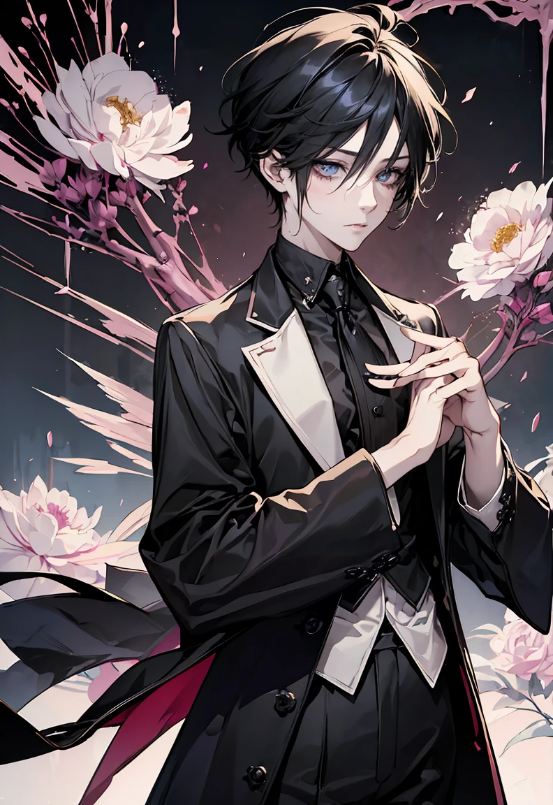 One male character, adult male, bishonen, handsome, goth, pale skin, black hair, goth punk black clothes, jewlery with crosses and goth themes, mysterious vibe, soft smile, graceful pose, elegant, urban background, messy hair, fixing his hair with a hand, post punk inspiration