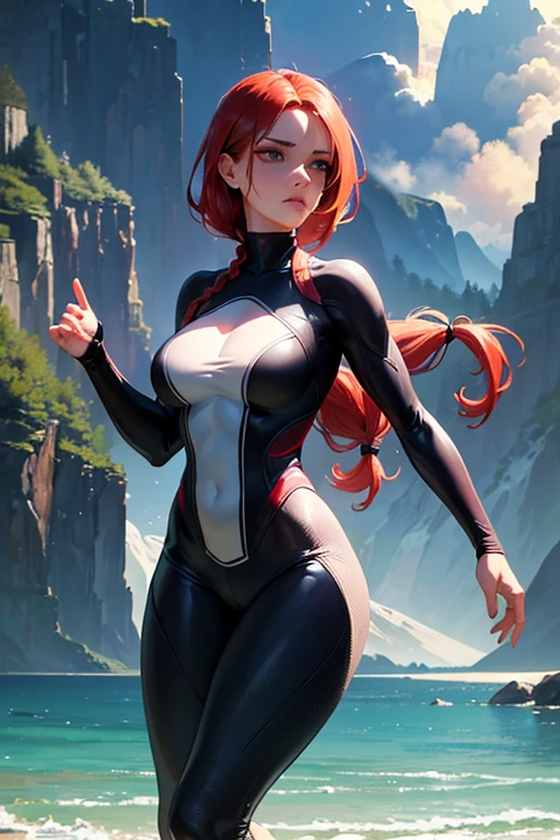 Spider Gwen perched on a rooftop overlooking the city, her vibrant red hair flowing in the wind, as she gazes into the distance with a determined expression, showcasing her strength and determination, while the setting sun casts a warm glow on the urban landscape below, Realistic photographic style, using a telephoto lens (e.g., 200mm), capturing the intricate details of her costume and facial features