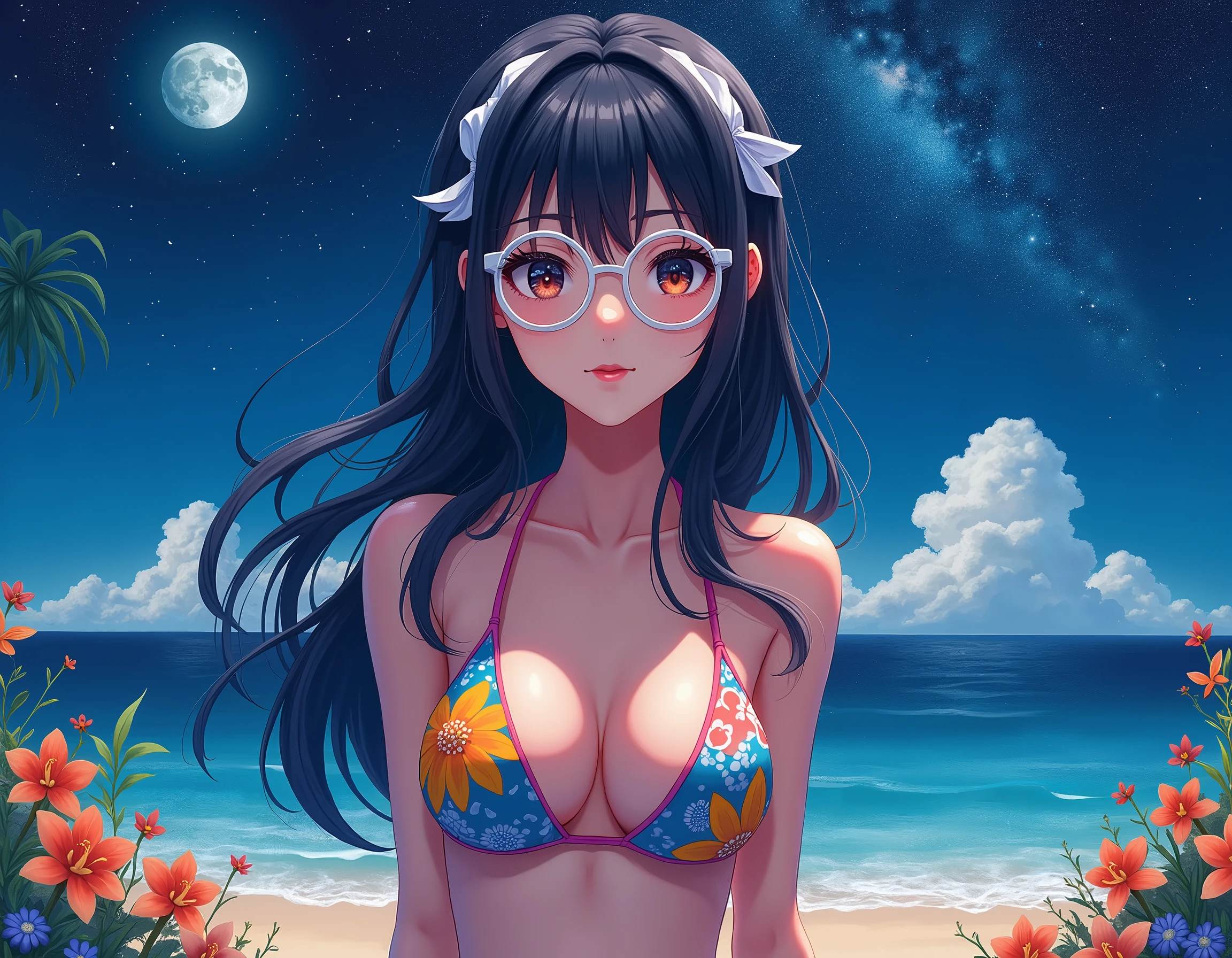 masterpiece, best quality, high quality, extremely detailed, very delicate and beautiful, (1 female 18 years old solo:1.2), (long black hair up to waist with two side up:1.4), bangs to eyebrows, eyes (eyes sharp, strong, glossy, glossy eyebrows), (eye color magenta:1.3), 6.5 head height, (bikini swimsuit with summer flower print:1.3), (smiling),(standing), (hand on head), (dynamic pose), (background ocean shallows:1.3), (Night Sky :1.3), (upper body:1.3)