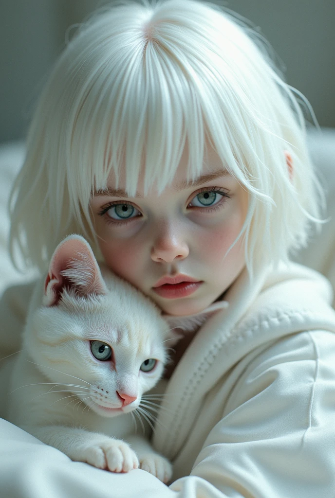 A girl with dark brown eyes and brown and blonde hair holding a white and gray Siamese cat