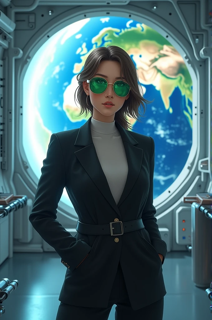 A 35-year-old girl with a stubble and dressed in an old-fashioned space outfit with aviator glasses on the forehead, with a constellations map in one hand and an astrolab in the other in a jungle. Detailed image with vintage video game animation style, with great lighting and tension, best quality, masterpiece, HDR, 8K, UHD, soft lighting, crisp, clear, clean, highly detailed, detailed eyes