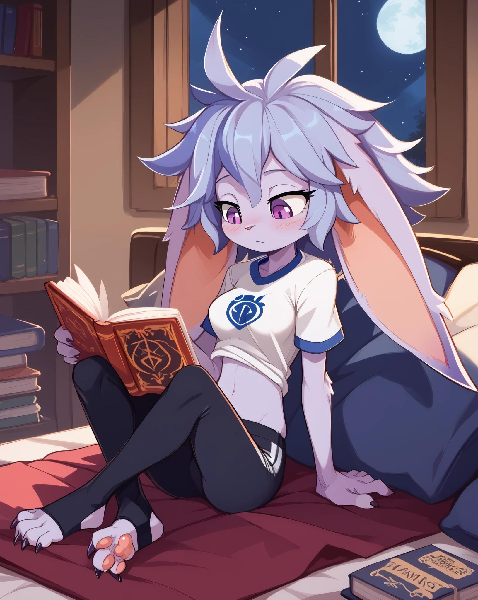 score_9, score_8_up, score_7_up, best quality, masterpiece, (absurdly high resolution:1.4), (short, diminutive, smol), yordle, (humanoid, light purple skin, purple eyes, (long ears, horizontal ears), long horizontal yordle ears, claws, feminine), barefoot, cute, adorable, slim, thin, (hair, fluffy hair,), large breasts, sleepy expression, blush lines, submissive), solo, isekai setting, apartment, night sky, Expressive, young, expressive, fantasy, paw pads, ears up, midriff, white t-shirt, stirrup legwear, reading a book,
