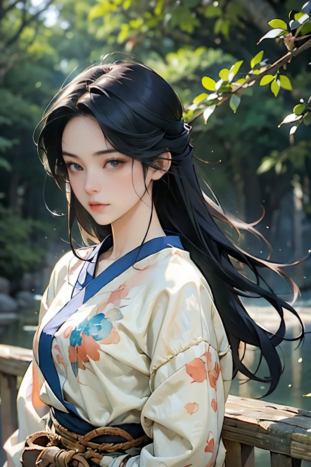 (Highest quality、High resolution、masterpiece)、(Anime Art 4k)、(Realistic)、swordsman、Portraiture、 (whole body)、(1 person)、20-year-old woman、Beautiful Face、 (Facial details)、Black Hair、 Beautiful Hair、Skin Texture、Slim figure、Cinema Lighting、Ray Tracing、Soft Light、Outdoor、Nice views、(Sargent-style watercolor)、(Edmund Leighton Style)、(long hair), ((small breasts))