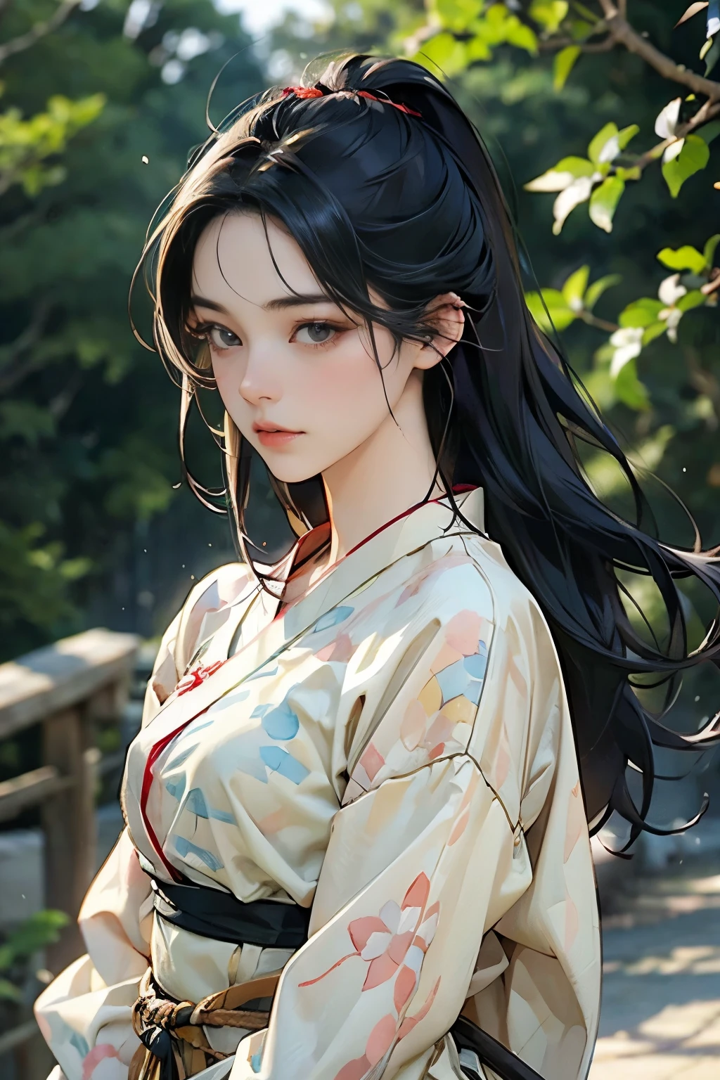 (Highest quality、High resolution、masterpiece)、(Anime Art 4k)、(Realistic)、swordsman、Portraiture、 (whole body)、(1 person)、20-year-old woman、Beautiful Face、 (Facial details)、Black Hair、 Beautiful Hair、Skin Texture、Slim figure、Cinema Lighting、Ray Tracing、Soft Light、Outdoor、Nice views、(Sargent-style watercolor)、(Edmund Leighton Style)、(long hair), ((small breasts))