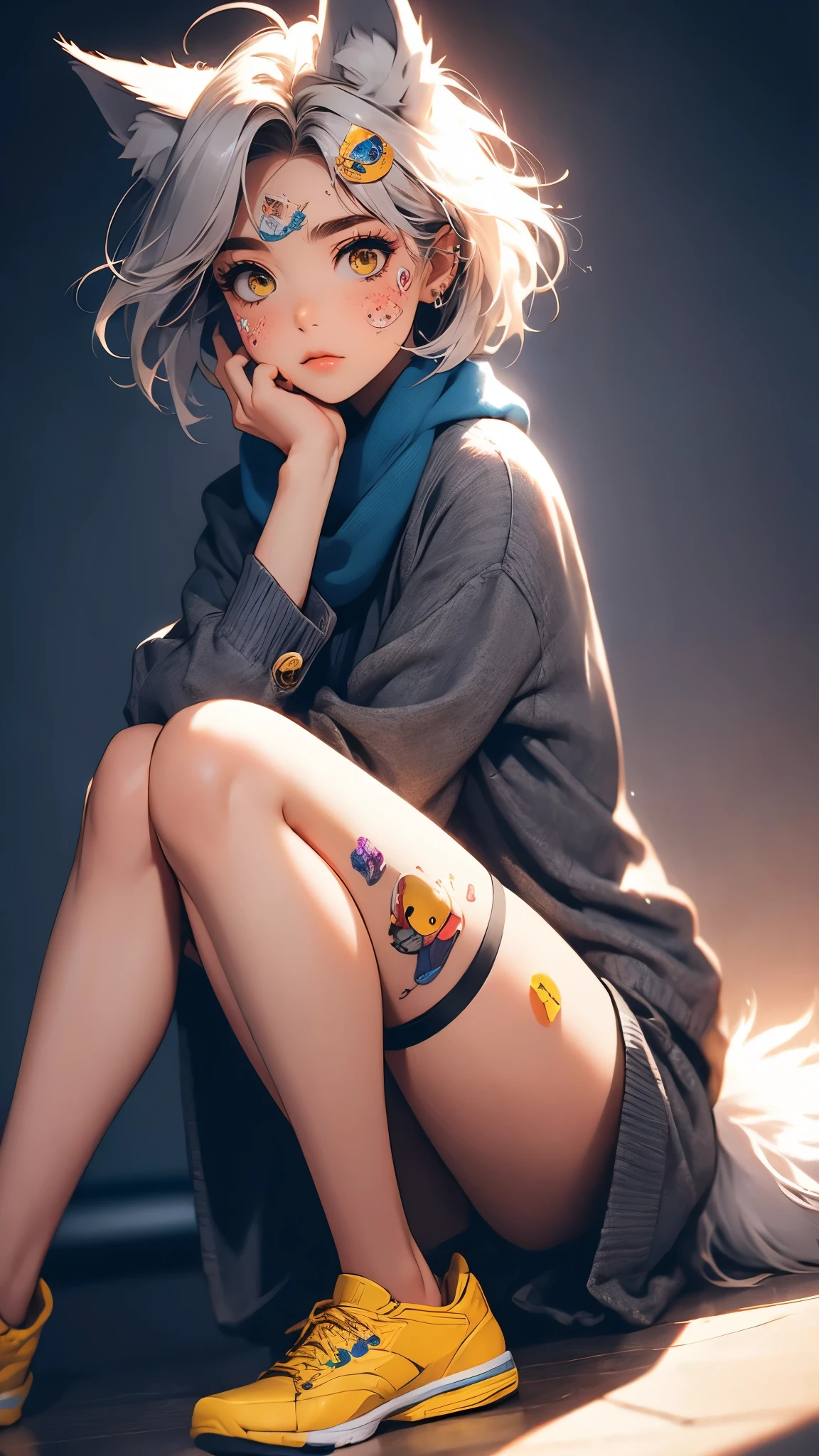 ((Masterpiece)), envision a 8k, highres, cinematic, extremely beautiful semi realistic full body pinup of a cute girl with a slender body, cute face, short gray hair, side locks, long sweeping bangs, ((yellow eyes)), soft lips, lip gloss, ((ahoge)), ((freckles)), big eyes, (wolf ears), wolf tail, (face stickers), thick eyebrows, round face, blue scarf, black blazer, white shirt, shorts, pantyhose, shoes, ((((1girl)))), in dark lighting, against a dark gray background