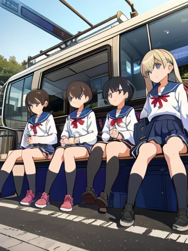 Tram stop　passengers around　Elementary school girl　8 years　Flat chest　to black　long　The eyes are purple.　（（1 person））　Sailor uniform long sleeve white body top　Navy blue mini skirt　white panties　white socks　SPORTS BOOTS　　open your legs a little（（I can see white panties））　from the front　dynamic angle　[low angle