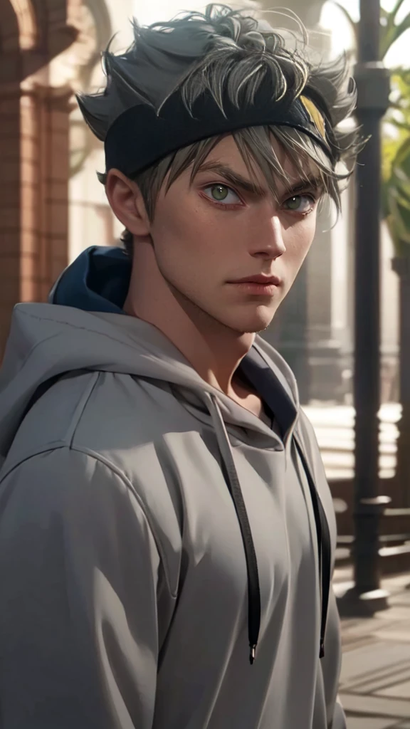 artwork, best quality, high quality, 1 boy, solo, male focus, looking at viewer, asta upper body, green eyes, headband, gray hair, spiky hair, artwork, very realistic, not entered smart, tall, very detailed, HDR, masterpiece, very detailed face and eyes, solo, guy, handsome, muscular body, tall, handsome face, still youthful like a Korean artist, flat expression, big and muscular body, tall, standing near the park, tall, strong and handsome, wearing a hoodie, modern times, Upper body only, close to the audience, His face is firm