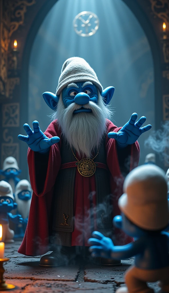 Papa Smurf Controlling the Village: Papa Smurf in a dark room, surrounded by strange and ancient symbols on the walls, controlling the village as a dark spiritual leader. He seems to be manipulating the destinies of the other Smurfs..