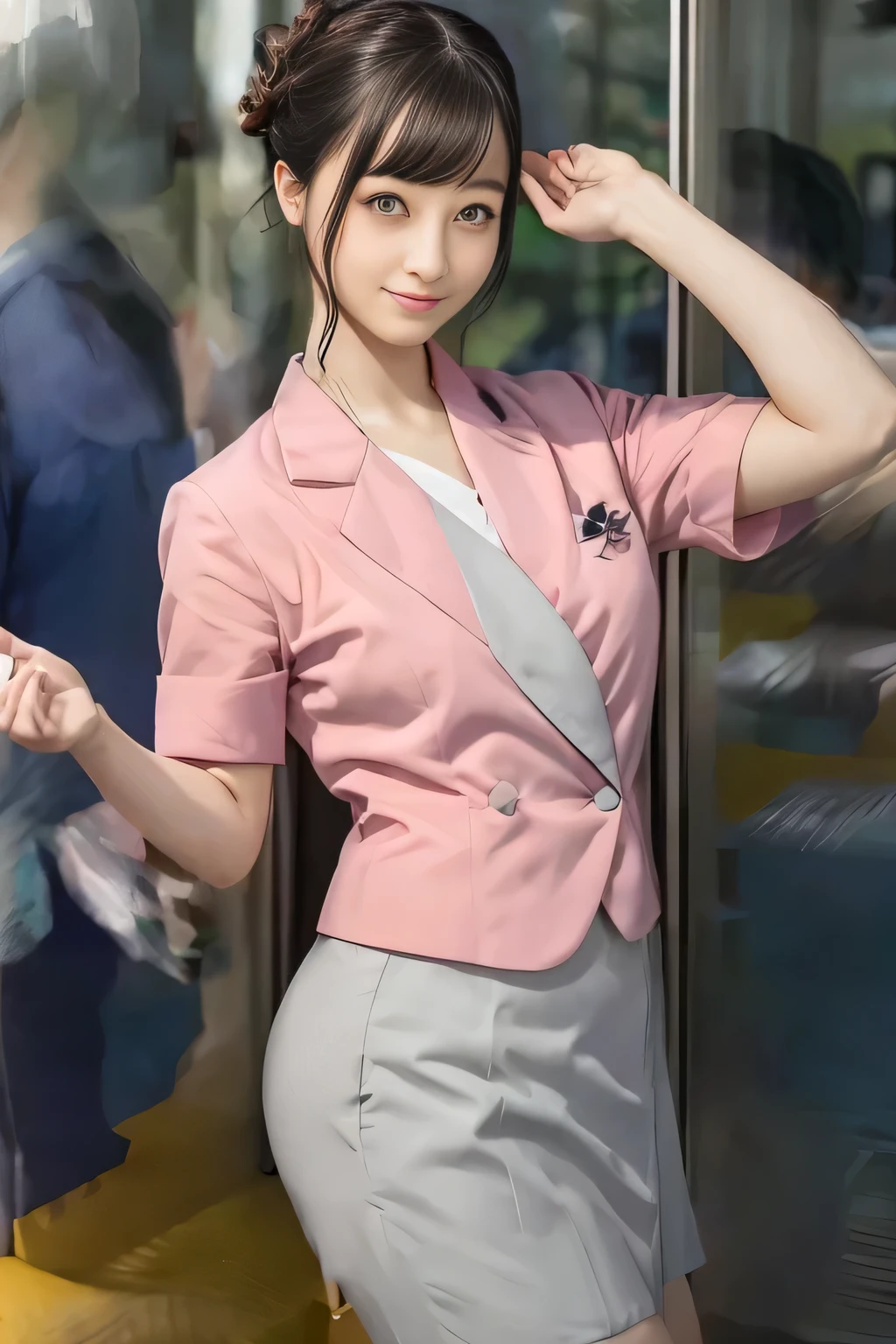 (masterpiece:1.2, Best Quality:1.2), 32K HDR, High resolution, (Alone、1 girl)、（On the roof of a building during the day、Professional Lighting）、Building rooftop background、（Nankai train crew uniform pinkを着たリアルスタイル）、（Nankai Railway crew uniform, pink, short sleeve, collarless, pink jacket、Nankai Railway crew uniform pink no-collar short-sleeve blouse、Nankai Railway crew uniform pink grey knee-length culottes）、（（The bottom of the pink short-sleeved jacket cannot be tucked into the clay-colored culottes..））、Dark brown hair、（Hair tied up、Hair Bun、Hair Bun）、Dark brown hair、Long Shot、Big Breasts、Thin legs、（（Great hands：2.0）），（（Harmonious body proportions：1.5）），（（Normal limbs：2.0）），（（Normal finger：2.0）），（（Delicate eyes：2.0）），（（Normal eyes：2.0））)、smile、（Nankai Railway crew uniform pink grey knee-length culottesを見せた美しい立ち姿）