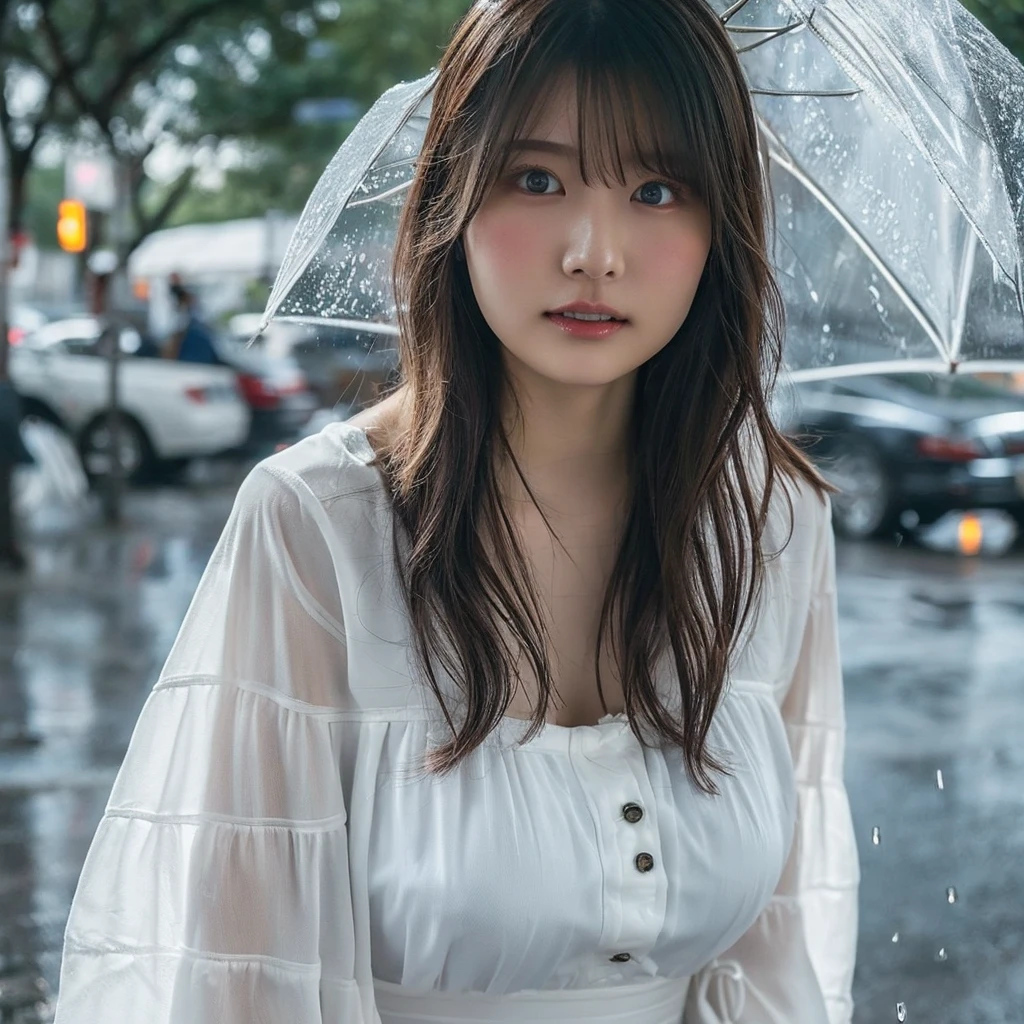 High resolution, Textured skin, 1 person, girl, Bob Hair, 20 years old, ((Big Breasts, Height: 153cm, round face)), photograph, ((Expose)), sexy, ((Busty, Cleavage,dove chest)), White clothes, Rainy Day, Night Road