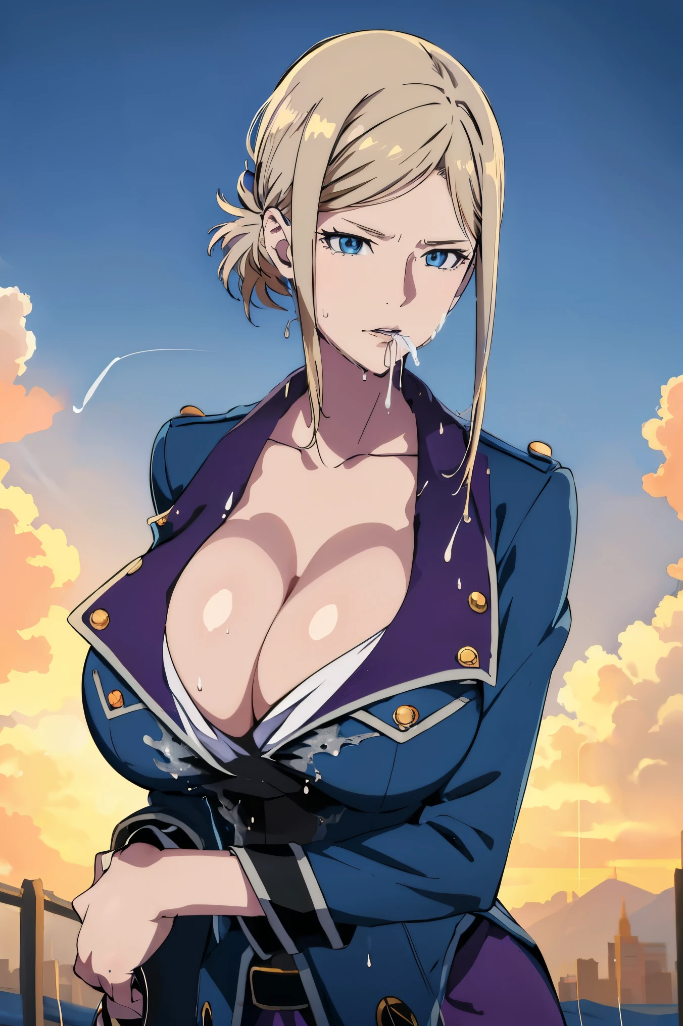 masterpiece, ((blue millitary uniform)), ((cleavage)) (best quality), (solo), 1girl, , blonde hair, purple hair , (short skirt), blue eyes, sexy woman,  hair ornament, vibrant colors , natural lighting, RTX, (huge tits), (detailed face:1.2), (perfect eyes:1.1) ,(photorealistic:1.1), 8k uhd, looking a viewer, outdoors, simple backround, emotionless, (upper body), standing pose, (((sperm on mouth, wet skin, wet uniform)))