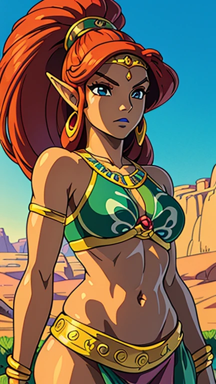 ((best quality)), ((highly detailed)), masterpiece, (detailed eyes, deep eyes), (1girl), upper body, <lora:Gerudo:.7>, gerudo, very long hair, red hair, (dark skin), big nose, red lips, lipstick, abs, gold jewelry, cyan clothes, outside, in a desert