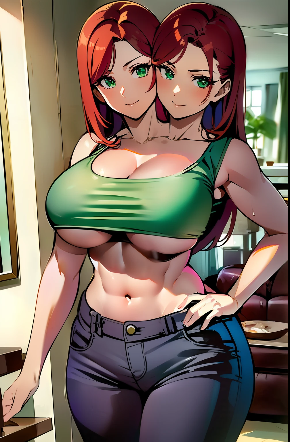 ((best quality), (high quality), (detailed), (masterpiece), good artist, (2heads:1.5), 1girl, (red hair), (emerald green eyes), casual wear, gentle smile, ((white crop top)), ((sleeveless crop top)), ((sexy crop top)), ((underboob)), black pants, a two headed woman with beautiful detailed eyes, (detailed hairstyles), strong and confident expressions, exposed midriff, sexy body and face, perfect body, beautiful symmetric body, sexy body, sexy girl, beautiful body and face, sexy hot body, very sexy pose, living room, (mature woman), (length hair),