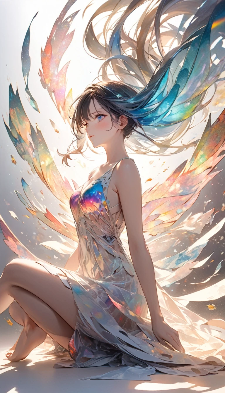 Wearing a tank top、tshirts、Neutral Girl、((A large number of shining elementary particles float))、Studded with a large amount of glowing bubbles、(((Very large wings are mounted at the rear)))、hiquality、high-level image quality、(Fulll body Shot)、ultra-detailliert、Beautiful scenery、wings must be symmetrical、Freehand please.、Wings should be attached to the back