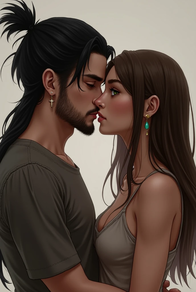 Couple of boyfriends she curvy thick body, big cheeks black hair with blue, big brown eyes light skin with piercing in the nose and tongue and with light skin, straight hair styled up and small rectangular glasses