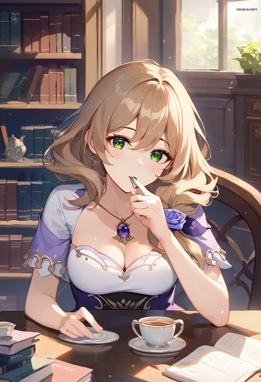 score_9, score_8_upper, score_7_upper, high quality ,masterpiece ,最high quality ,rating safe ,In the bedroom ,girl, Cute Face ,blown wave hair, lite green eyes , Aggressive face , Beautiful Skin ,character_Lisa_Genshin Impact  ,in the library ,drinking a tea