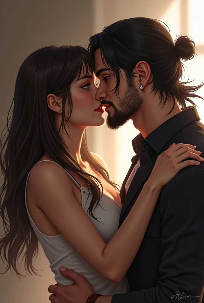 Three-way kiss between one man and two women